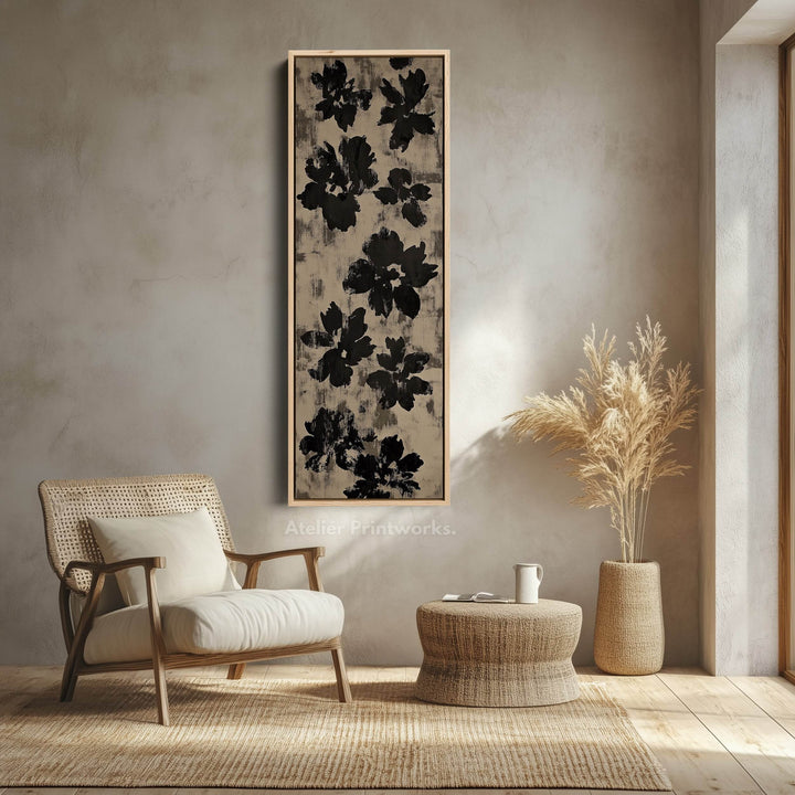 Black Abstract Floral Vertical Long Framed Canvas Wall Art - Atelier Printworks