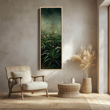 Flowers in Green Vertical Framed Canvas Art for Narrow Spaces - Atelier Printworks