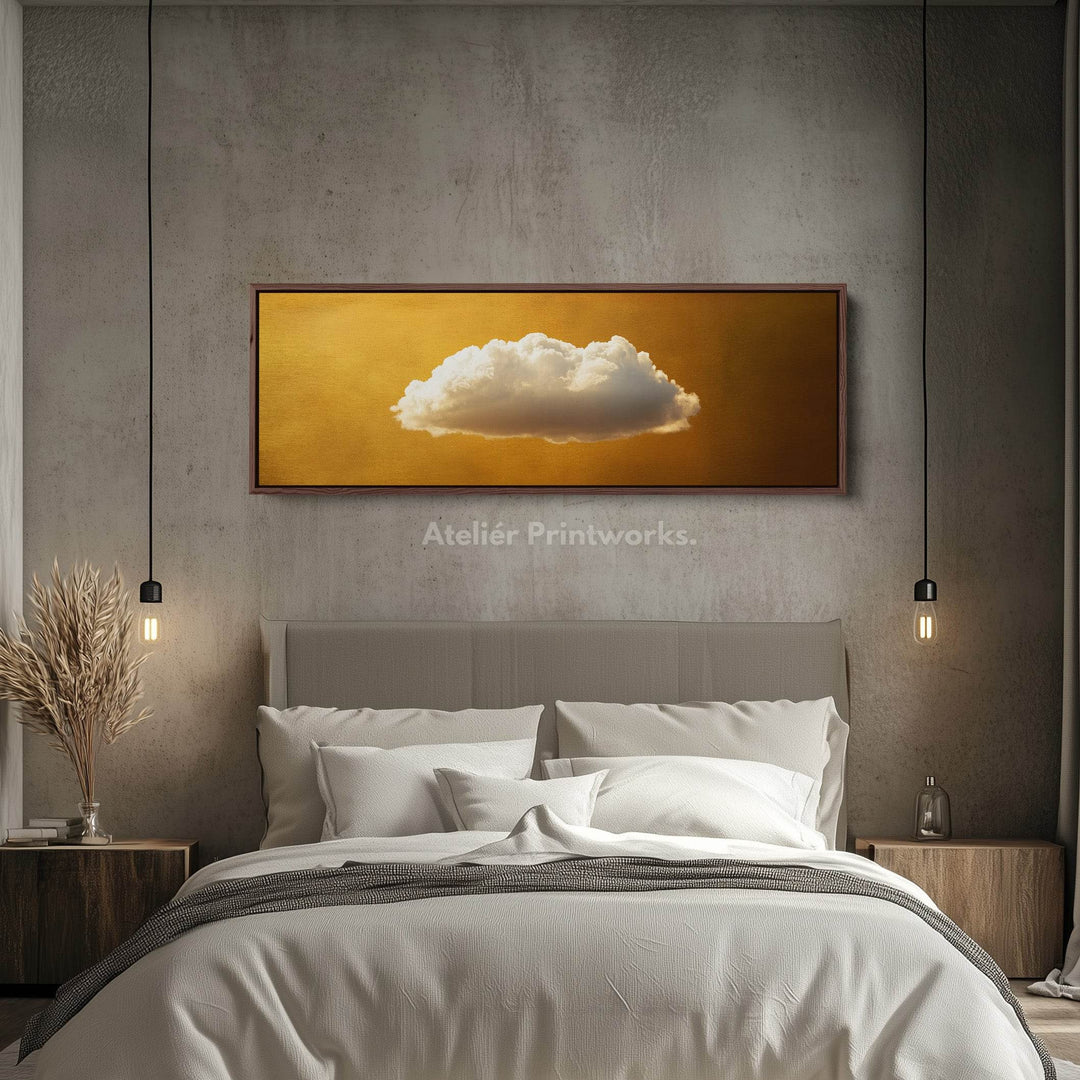 Above Bed Wall Art - Floating Golden Cloud Minimalist Horizontal Wall Art - Atelier Printworks
