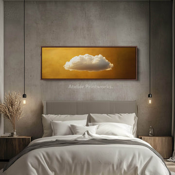 Above Bed Wall Art - Floating Golden Cloud Minimalist Horizontal Wall Art - Atelier Printworks
