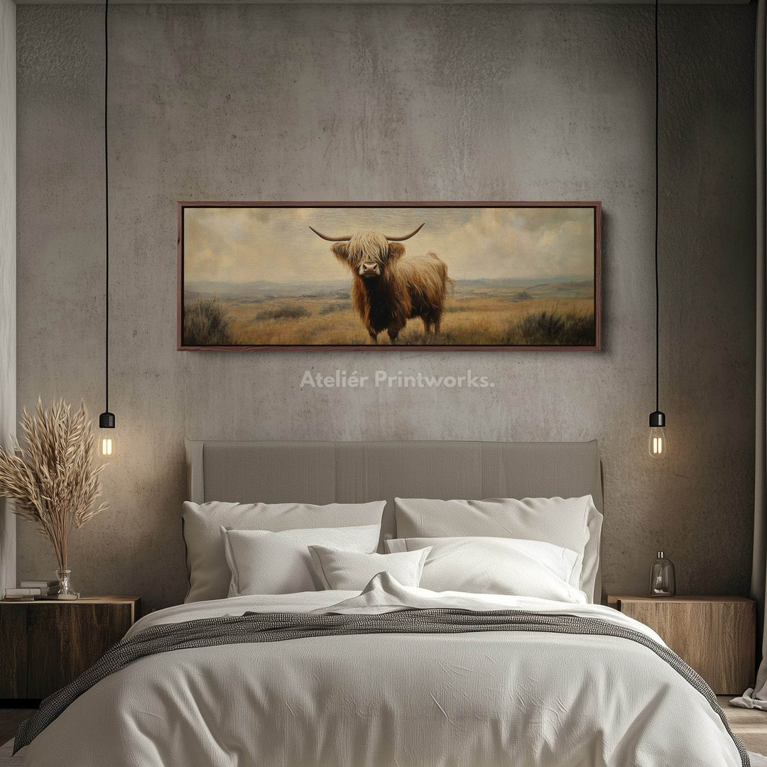 Highland Cow Picture Panoramic Long Narrow Wall Art Large Canvas Decor - Atelier Printworks