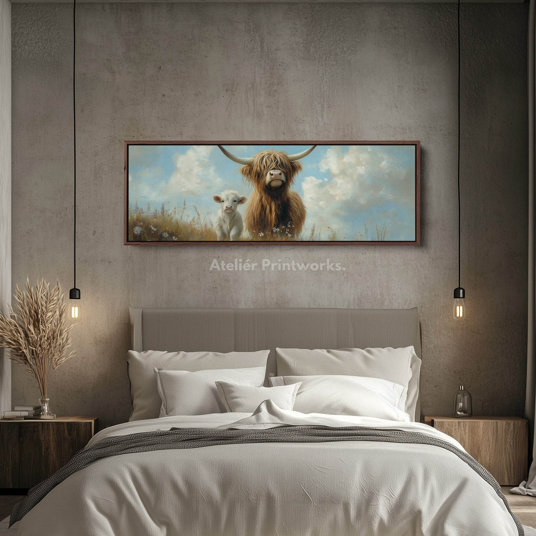 Scottish Highland Cow Framed Canvas Large Horizontal Wall Art - Atelier Printworks