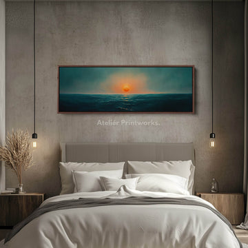 Ocean Sunset Narrow Wide Horizontal Wall Decor Large Framed Canvas - Atelier Printworks