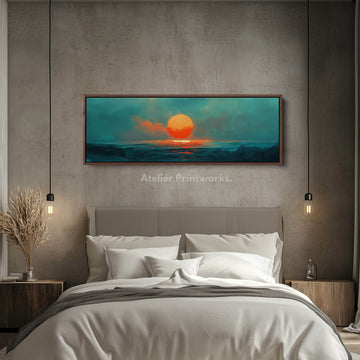Minimalist Ocean Sunset Narrow Wide Horizontal Wall Decor Large Framed Canvas - Atelier Printworks