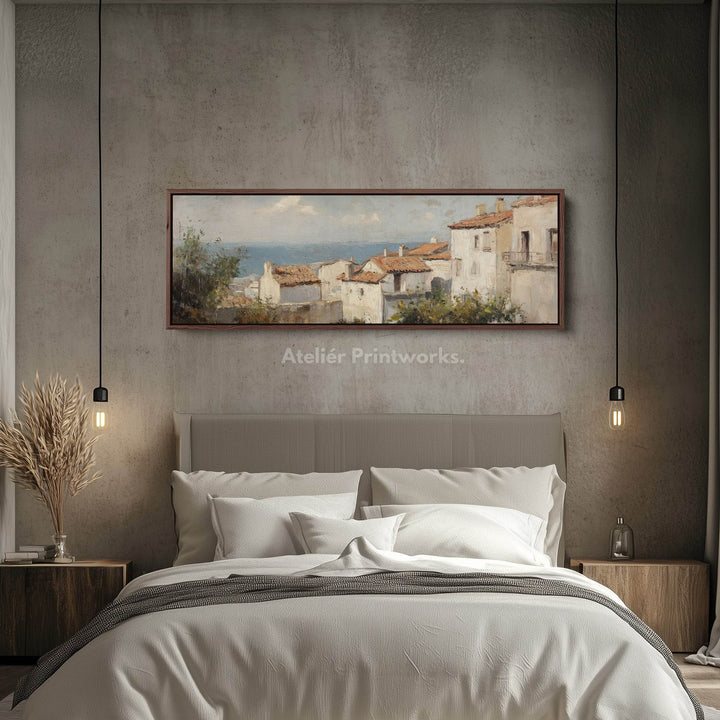 Mediterranean Coastal Seascape Large Framed Long Canvas Horizontal Wall Art - Atelier Printworks