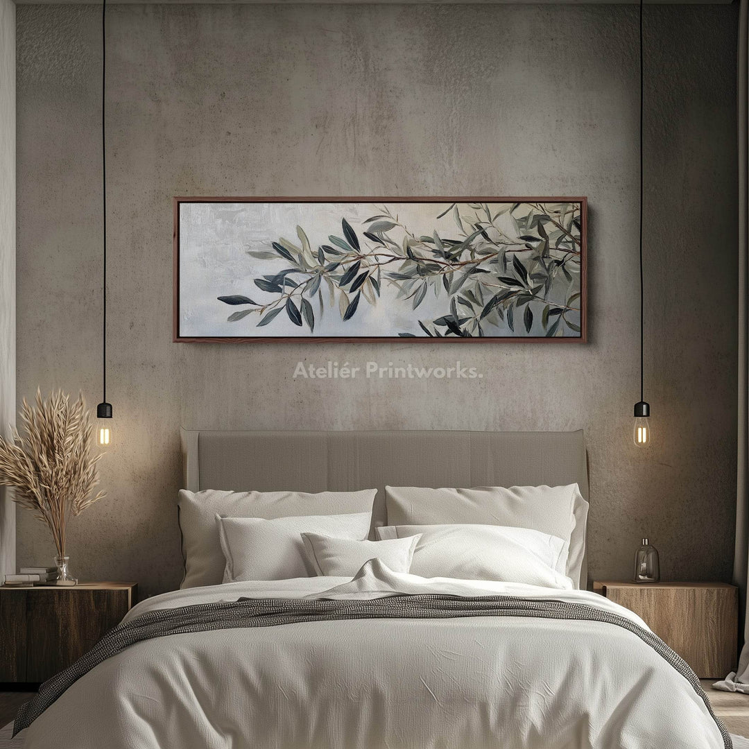 Olive Branch Framed Canvas Wall Art Print Long Horizontal Art - Atelier Printworks