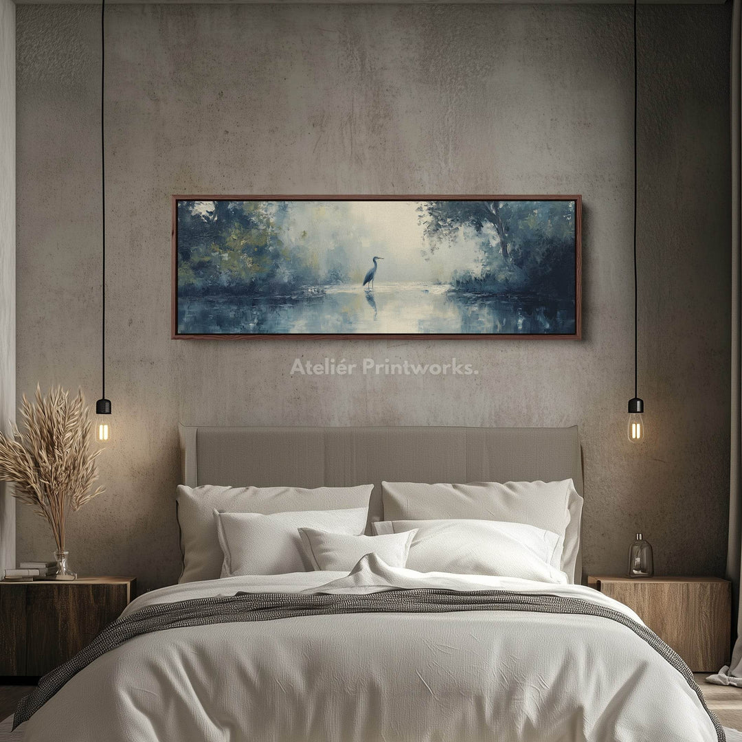 Muted Heron Long Horizontal Skinny Framed Canvas - Atelier Printworks