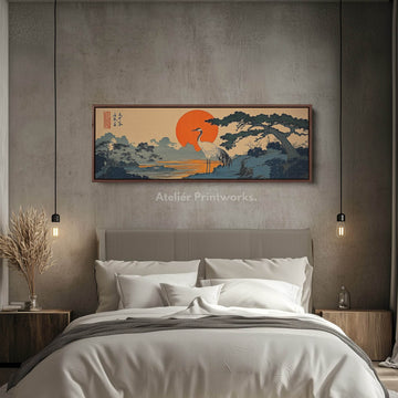 Japanese Crane Above Bed Long Narrow Horizontal Wall Art - Atelier Printworks