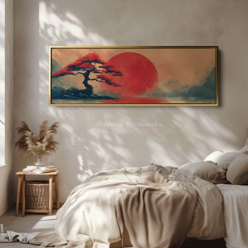 Bonsai Tree with Red Sun – Long Narrow Japanese Landscape Canvas - Japandi Wall Art - Atelier Printworks