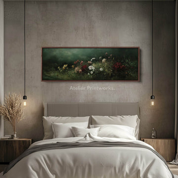 Vintage Wild Flowers Dark Green Horizontal Wall Art - Wide Long Narrow Wall Decor - Atelier Printworks