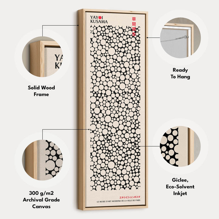 Yayoi Kusama Style Long Framed Canvas – Large Vertical Japanese Abstract Wall Art, Japandi Style, Japanese Poster Print - Atelier Printworks