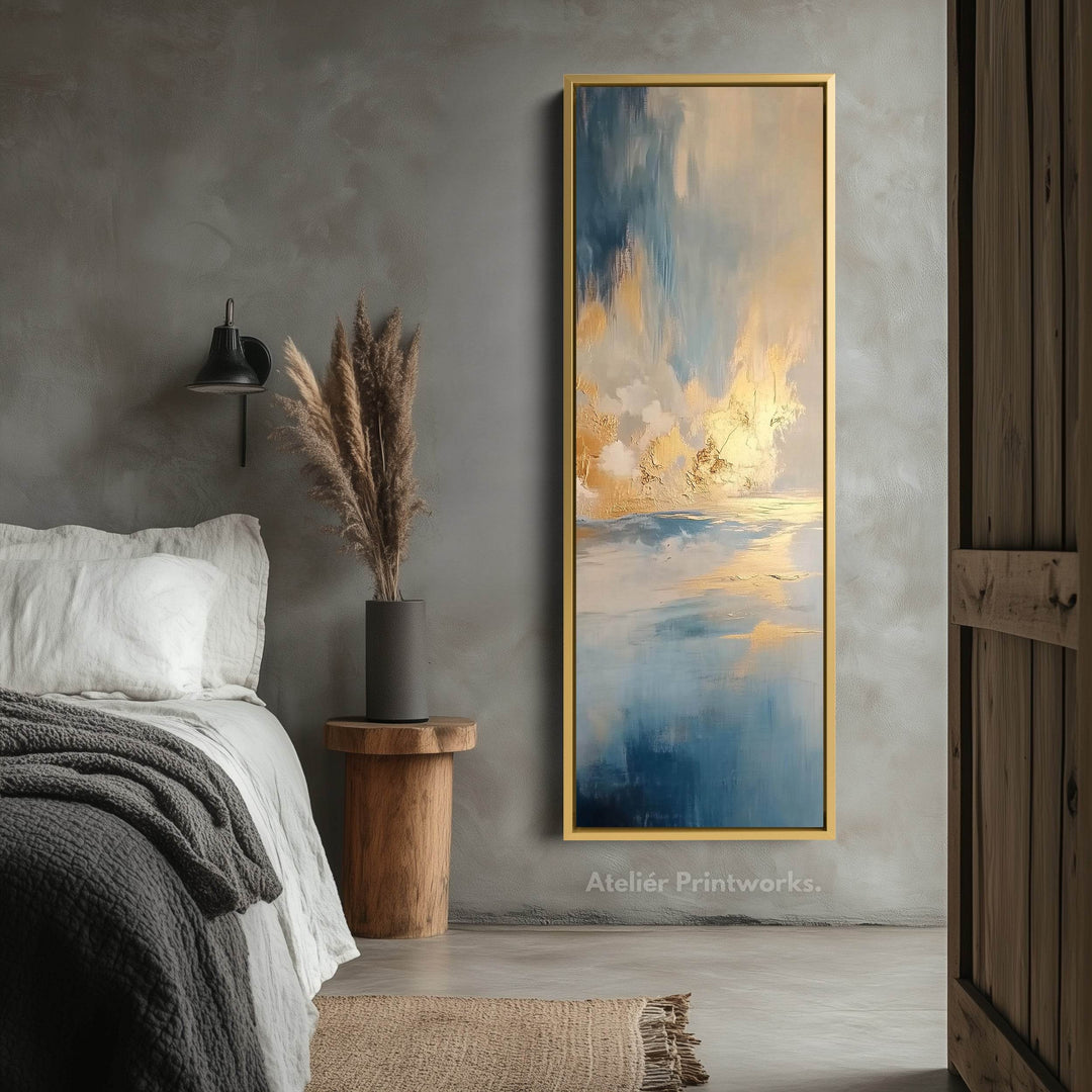 Large Framed Pictures - Abstract Blue & Gold Ocean Vertical Long Wall Art - Atelier Printworks
