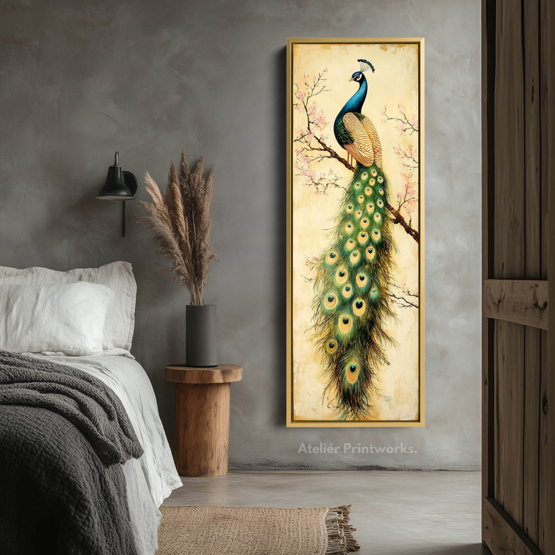Large Canvas Peacock Framed Wall Art Long Vertical Wall Decor - Atelier Printworks