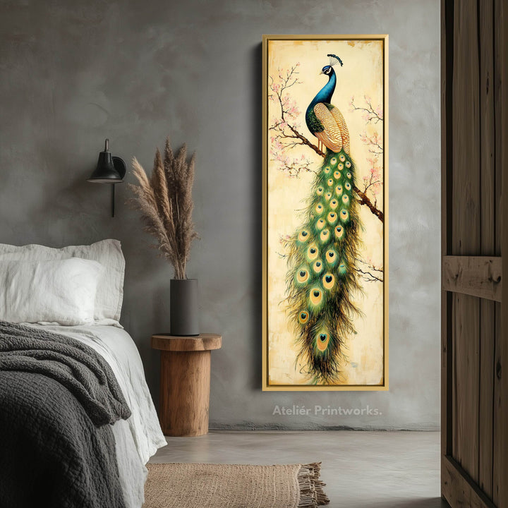 Large Canvas Peacock Framed Wall Art Long Vertical Wall Decor - Atelier Printworks