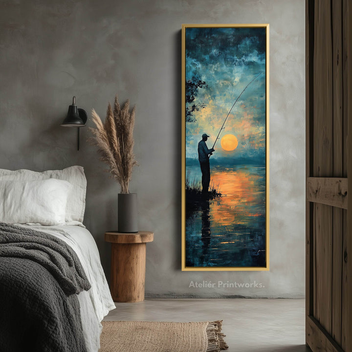 Long Narrow Vertical Large Canvas Wall Decor Sunset Fishing - Atelier Printworks