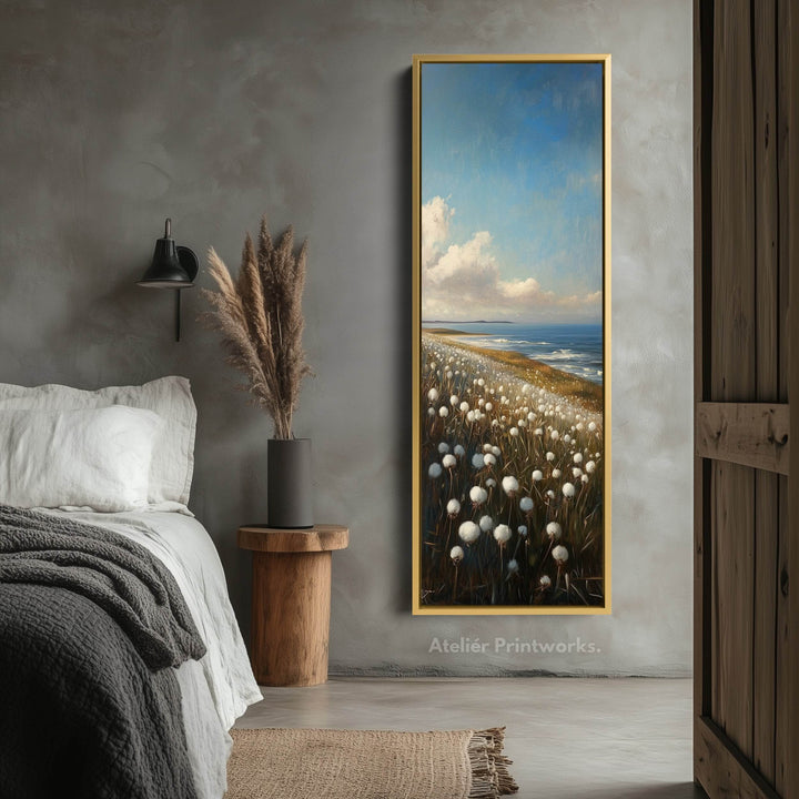 White Cotton Wild Flower Vertical Tall Wall Art Large Framed Canvas - Atelier Printworks