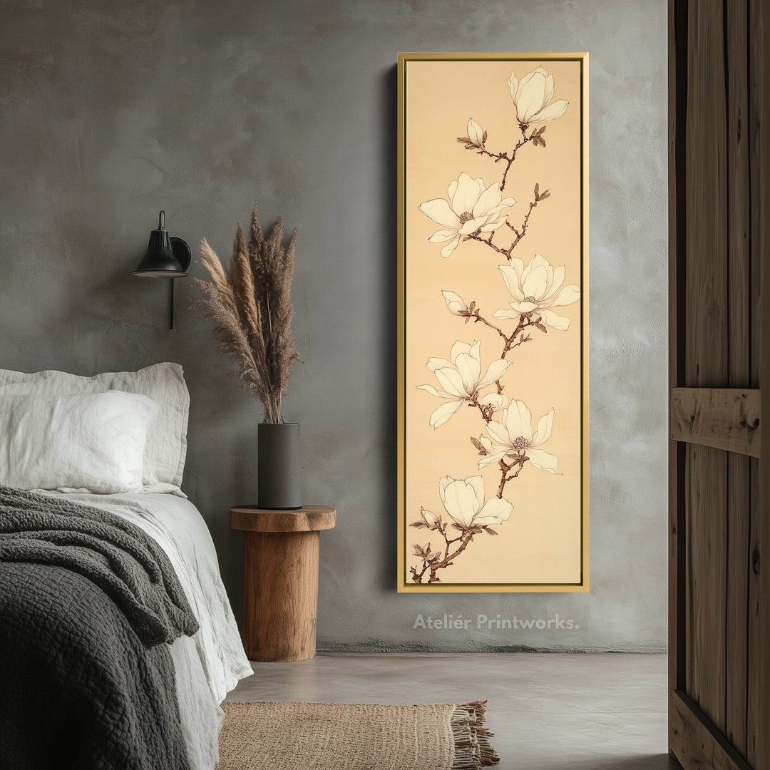 White Magnolia Long Narrow Vertical Wall Art Large Canvas Wall Decor - Atelier Printworks
