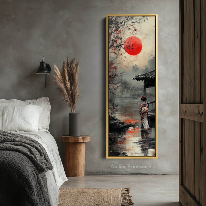 Japanese Geisha Long Narrow Framed Canvas Wall Art For Living Room - Atelier Printworks