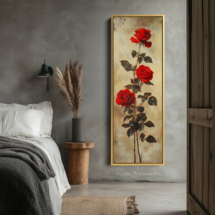 Red Roses Long Narrow Framed Canvas Wall Art For Living Room - Atelier Printworks