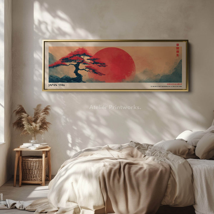 Red Sun and Bonsai – Long Narrow Japandi Wall Art Japanese Tree Landscape Canvas - Atelier Printworks