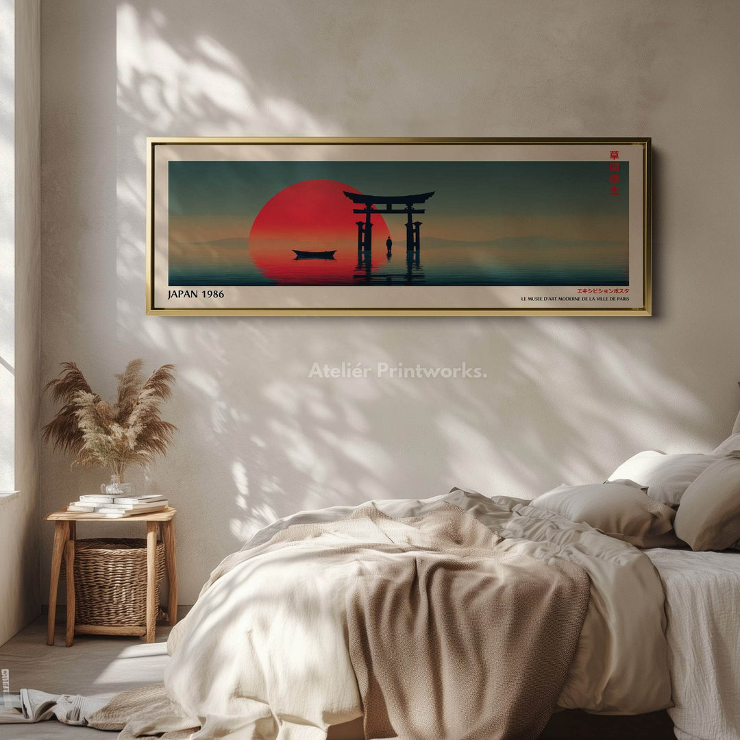 Torii Gate at Sunset – Long Narrow Japanese Wall Art - Tranquil Red Sun Canvas Print - Atelier Printworks