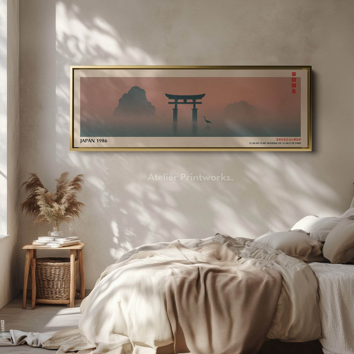 Torii Gate and Red Sun – Panoramic Japanese Wall Art - Long Narrow Tranquil Landscape Canvas - Atelier Printworks