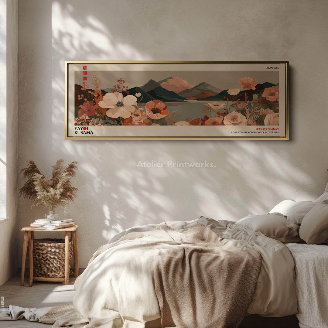Yayoi Kusama Floral Landscape – Long Narrow Framed Canvas - Japanese Flower & Mountain Wall Art - Atelier Printworks