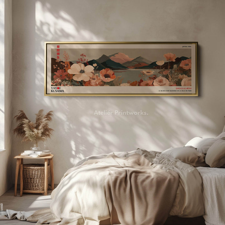 Yayoi Kusama Floral Landscape – Long Narrow Framed Canvas - Japanese Flower & Mountain Wall Art - Atelier Printworks
