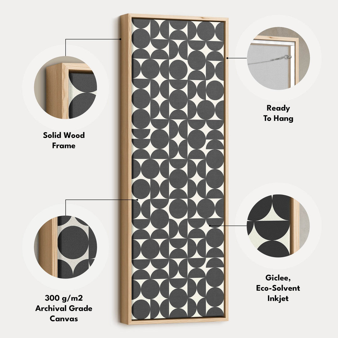 Retro Circle Grid Long Vertical Framed Canvas for Modern Living Room or Hallway - Atelier Printworks
