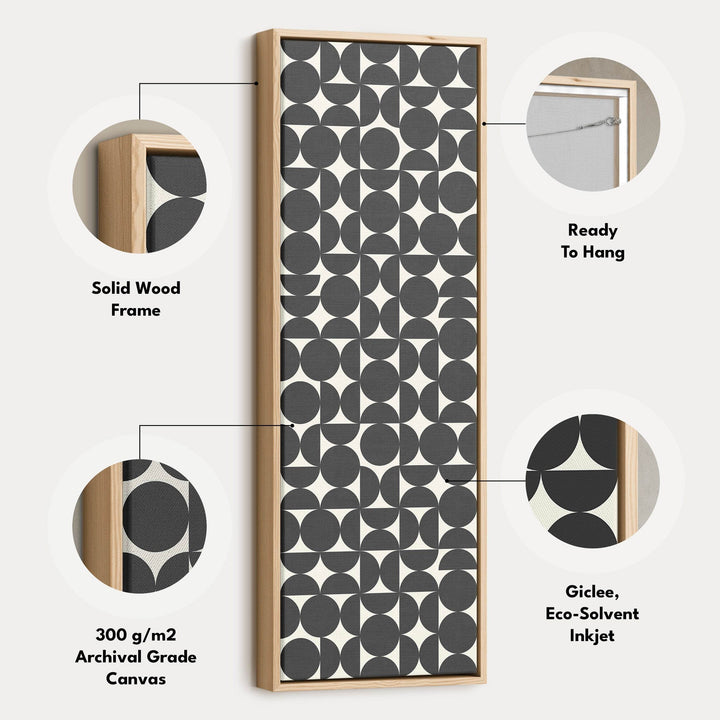 Retro Circle Grid Long Vertical Framed Canvas for Modern Living Room or Hallway - Atelier Printworks