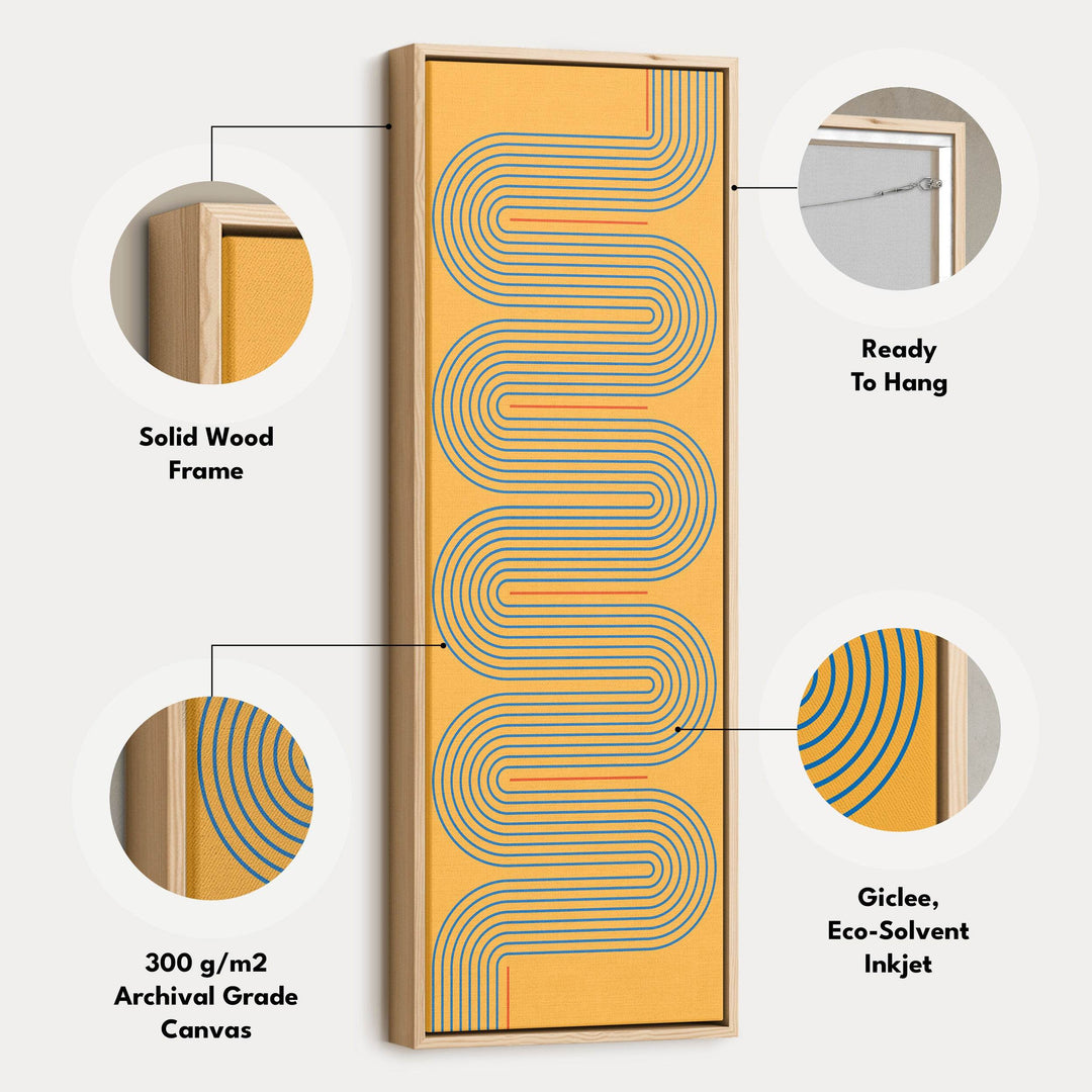Playful Retro Curves Mustard Vertical Framed Canvas for Bedroom or Creative Workspace - Atelier Printworks