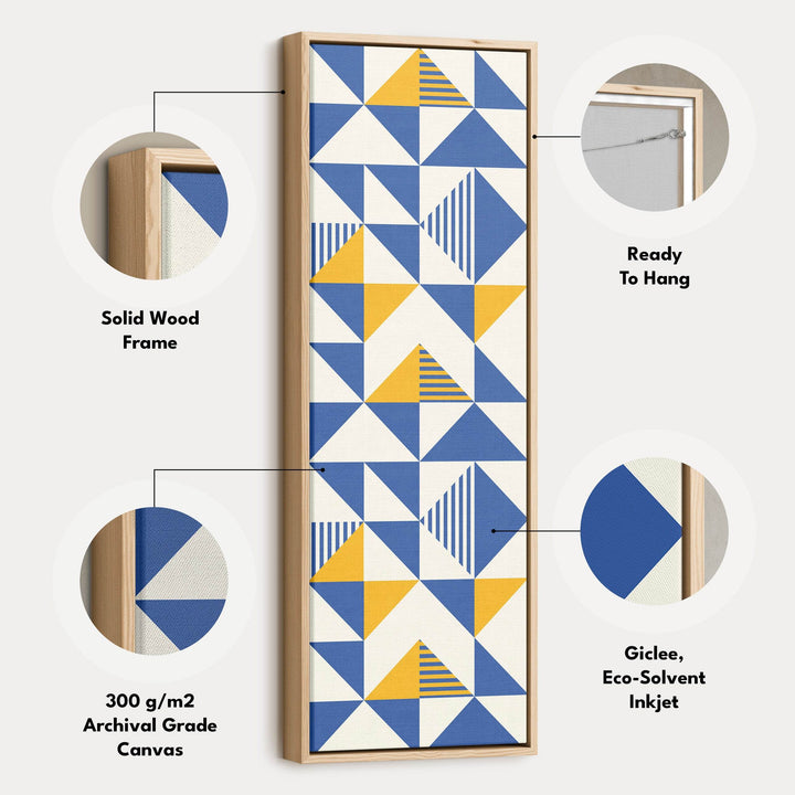 Retro Blue and Yellow Triangles Vertical Framed Canvas Wall Art for Bedroom or Hallway - Atelier Printworks