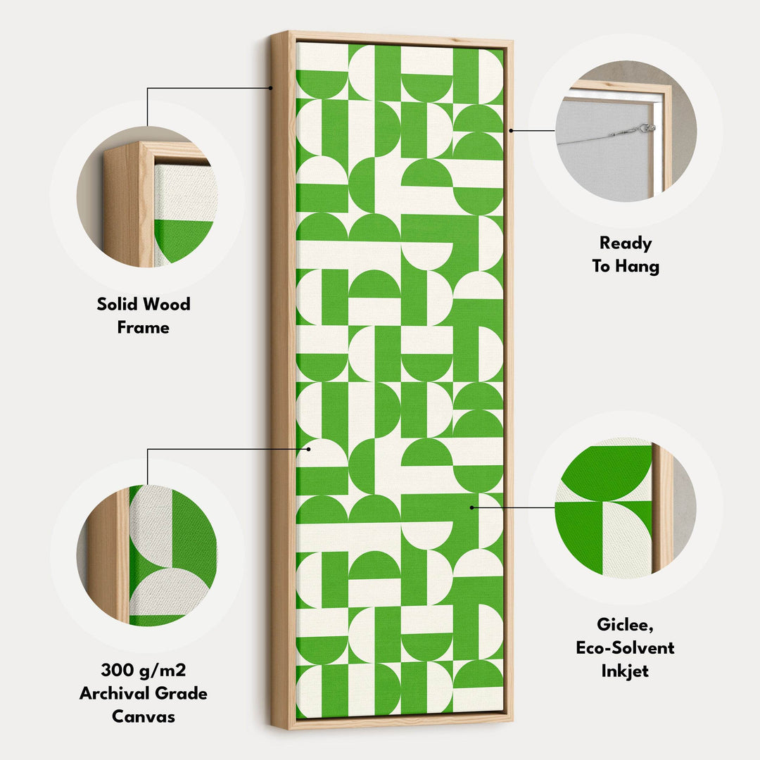 Geometric Green Circles Vertical Framed Canvas Wall Art for Hallway or Office - Atelier Printworks