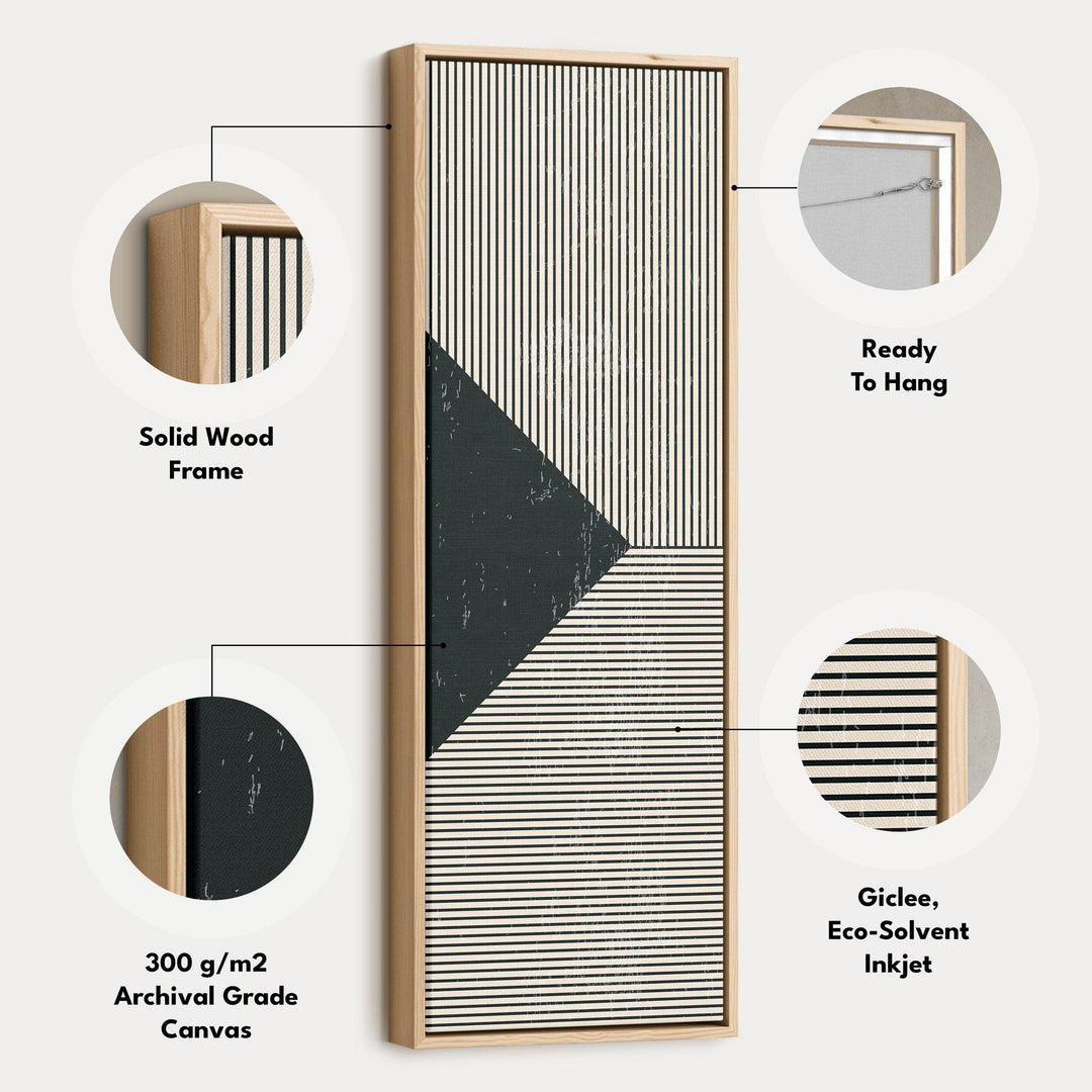 Minimalist Black and Beige Stripes Vertical Framed Canvas Wall Art for Hallway or Office - Atelier Printworks