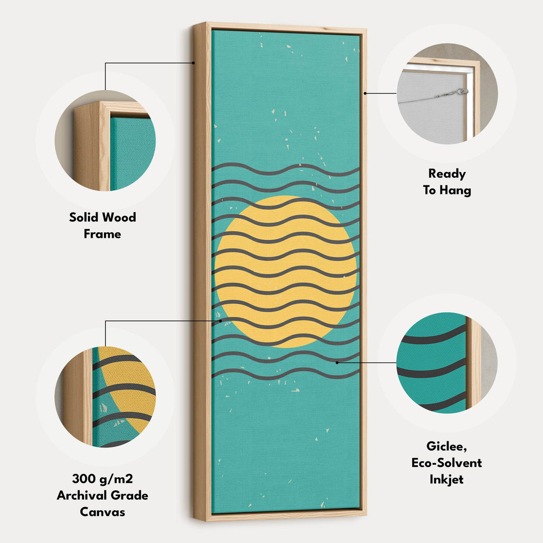 Teal and Yellow Minimalist Sun Vertical Framed Canvas Wall Art for Hallway or Bedroom - Atelier Printworks