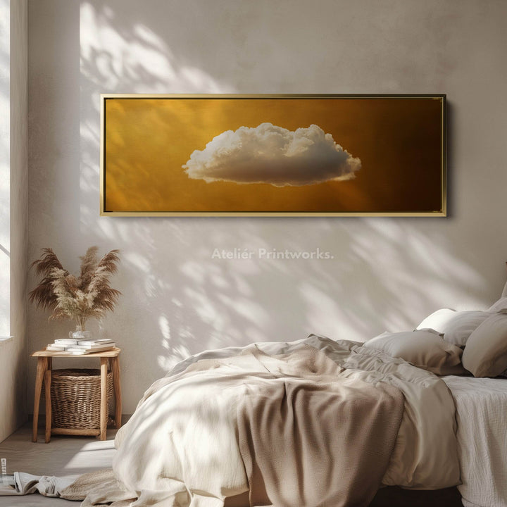 Above Bed Wall Art - Floating Golden Cloud Minimalist Horizontal Wall Art - Atelier Printworks