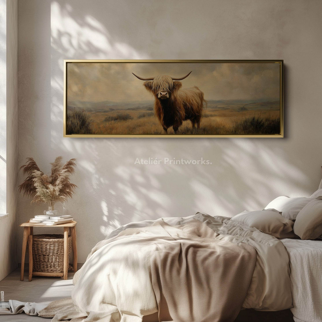 Highland Cow Picture Panoramic Long Narrow Wall Art Large Canvas Decor - Atelier Printworks