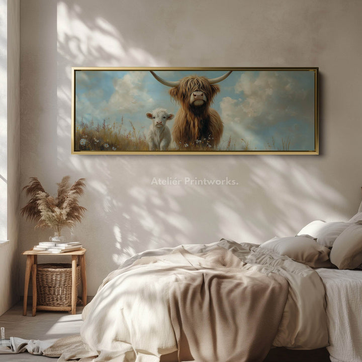 Scottish Highland Cow Framed Canvas Large Horizontal Wall Art - Atelier Printworks