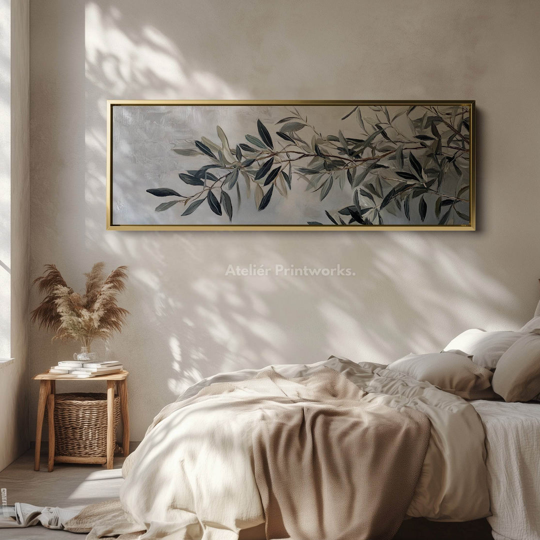 Olive Branch Framed Canvas Wall Art Print Long Horizontal Art - Atelier Printworks