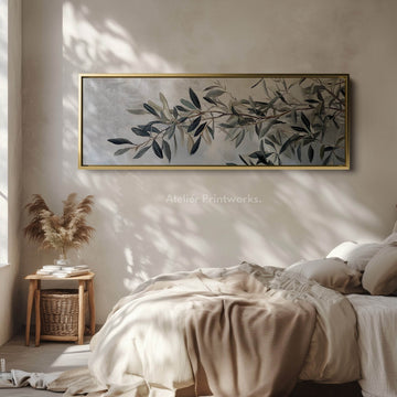 Olive Branch Framed Canvas Wall Art Print Long Horizontal Art - Atelier Printworks