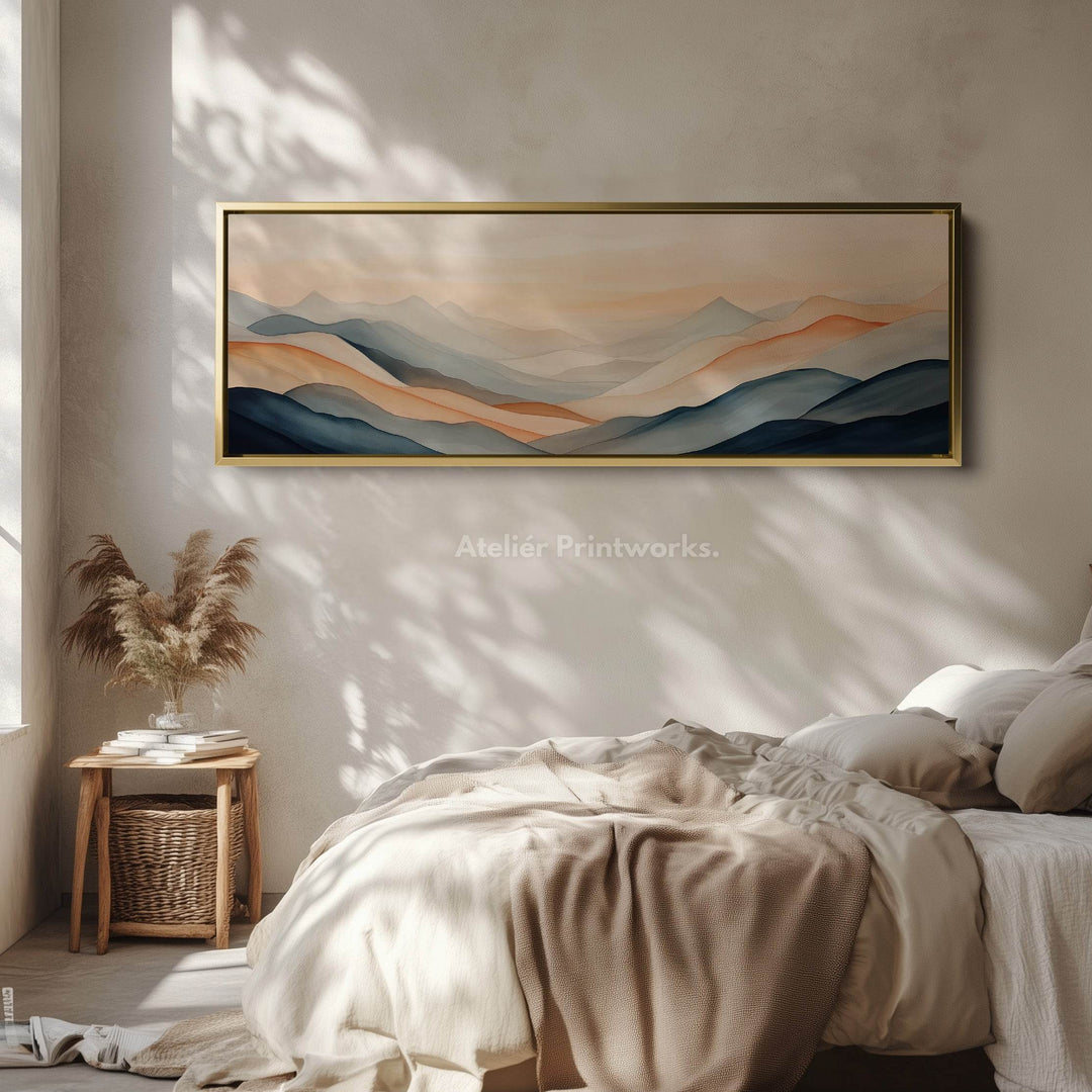 Muted Abstract Mountains Large Wide Horizontal Wall Art Framed Canvas - Atelier Printworks