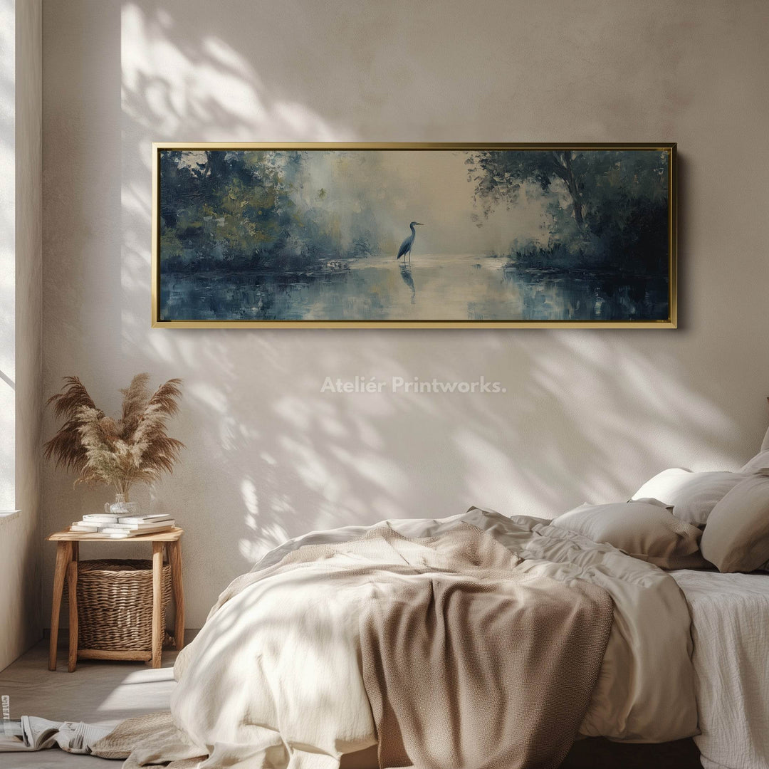 Muted Heron Long Horizontal Skinny Framed Canvas - Atelier Printworks