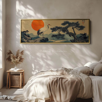 Japanese Crane Long Narrow Horizontal Wall Art Framed Canvas - Atelier Printworks