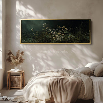 Wide Dark Green Wildflower Horizontal Framed Canvas – Vintage Style Long Wall Decor - Atelier Printworks