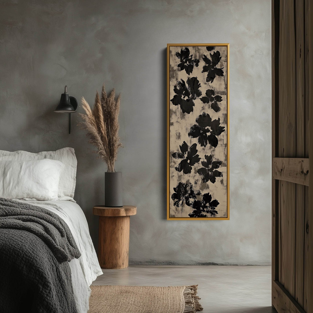 Black Abstract Floral Vertical Long Framed Canvas Wall Art - Atelier Printworks