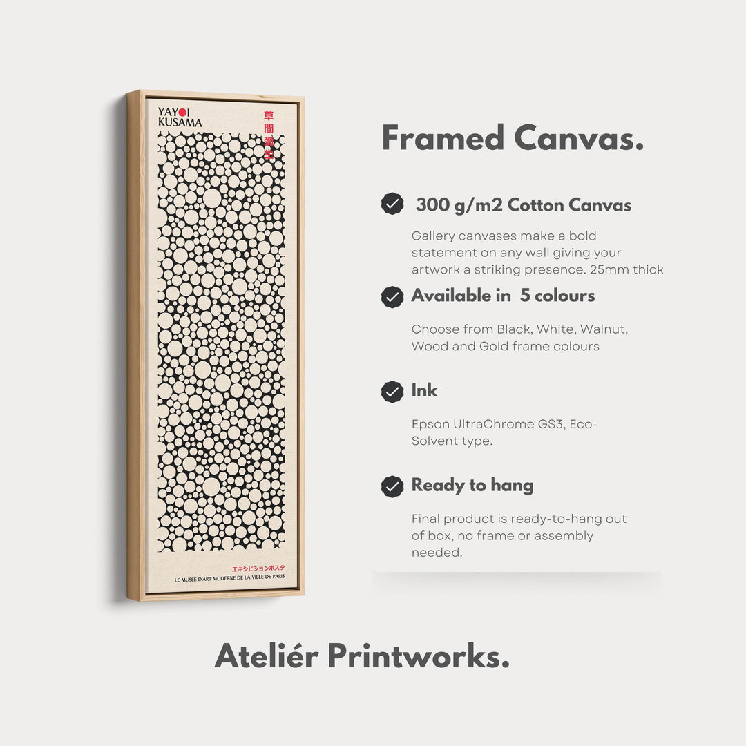 Yayoi Kusama Style Long Framed Canvas – Large Vertical Japanese Abstract Wall Art, Japandi Style, Japanese Poster Print - Atelier Printworks