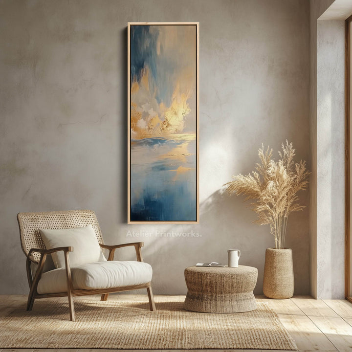Large Framed Pictures - Abstract Blue & Gold Ocean Vertical Long Wall Art - Atelier Printworks