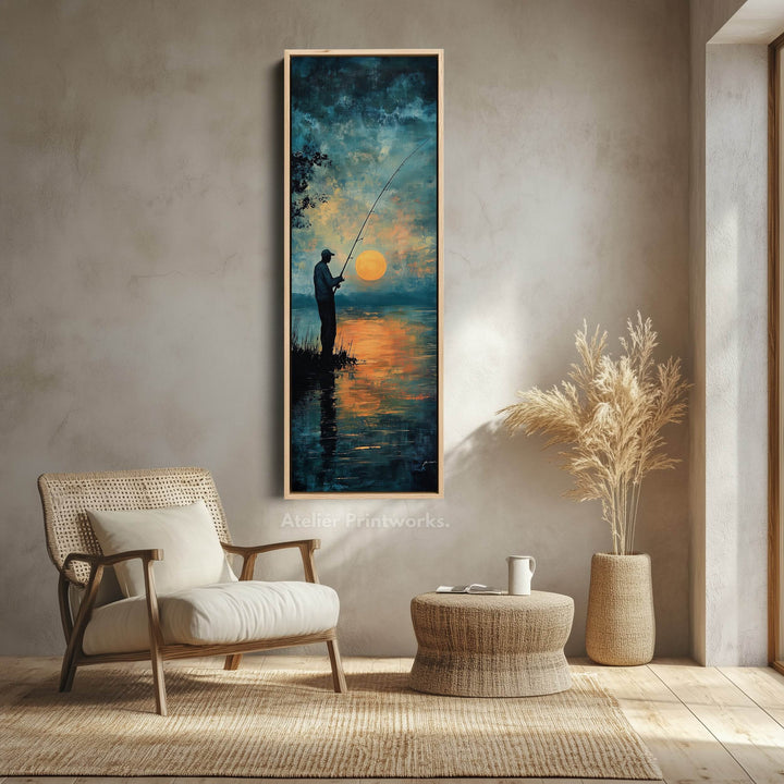 Long Narrow Vertical Large Canvas Wall Decor Sunset Fishing - Atelier Printworks