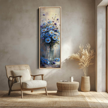 Blue Daisies Vertical Tall Wall Art Large Framed Canvas - Atelier Printworks