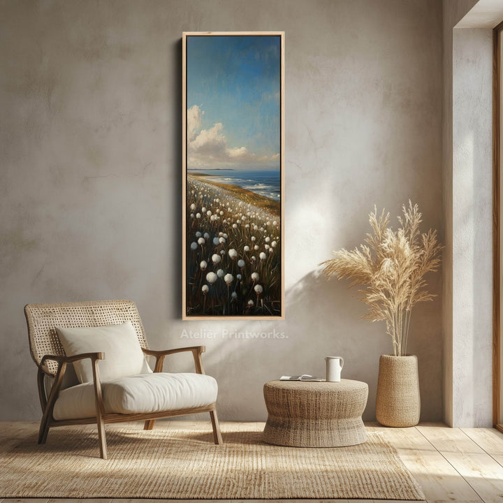 White Cotton Wild Flower Vertical Tall Wall Art Large Framed Canvas - Atelier Printworks